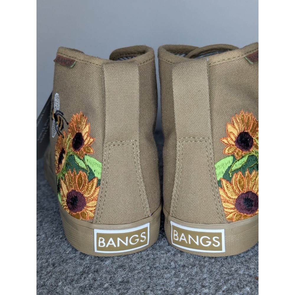 BANGS Shoes Olive Green High-Top Sneaker Shoes M5.5/W7 Sunflower/ Bee Embroidery - Picture 6 of 12